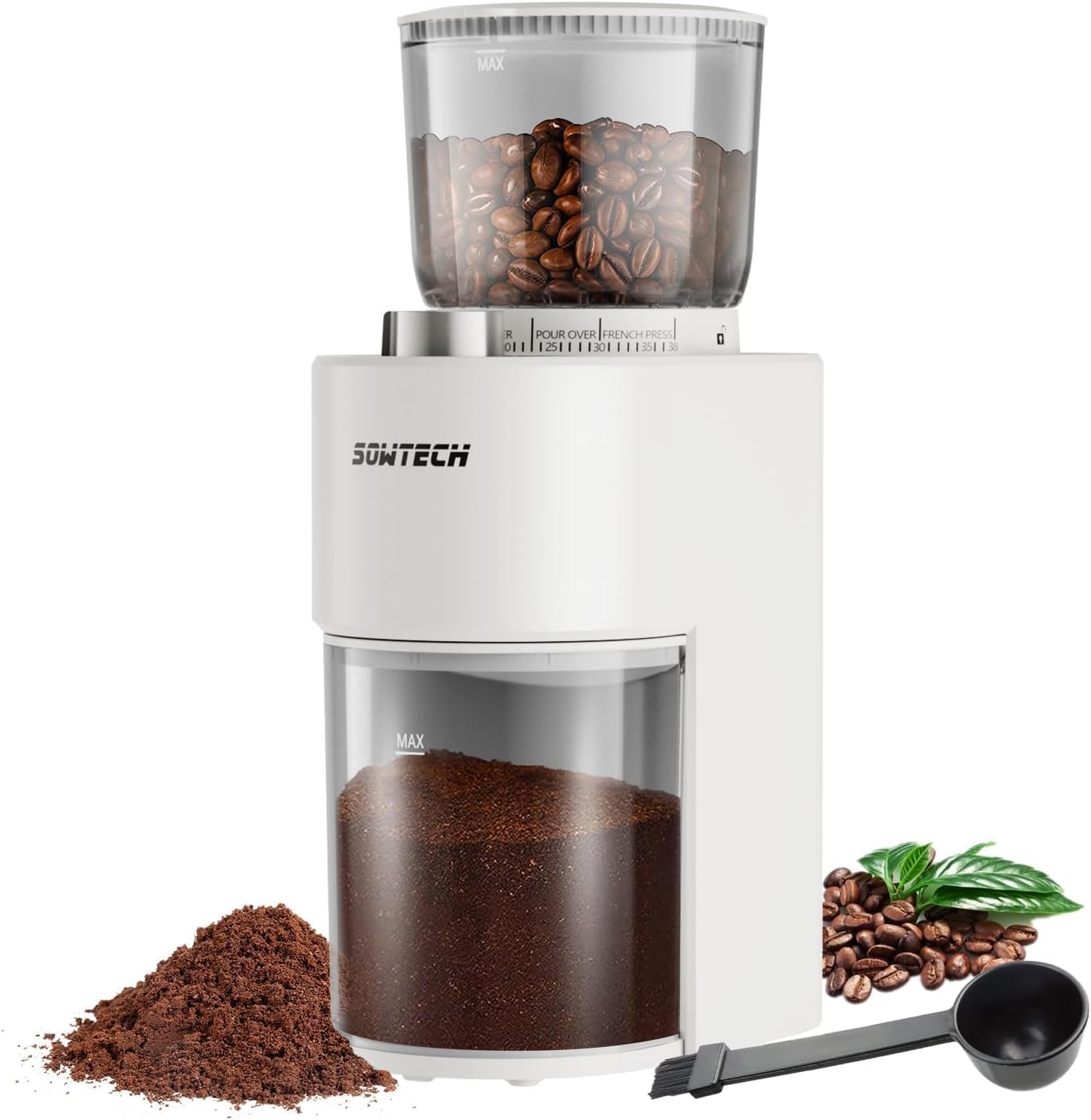 Sowtech Conical Burr Coffee Grinder — 38 Grind Settings, Precision Timer, White/Beige
